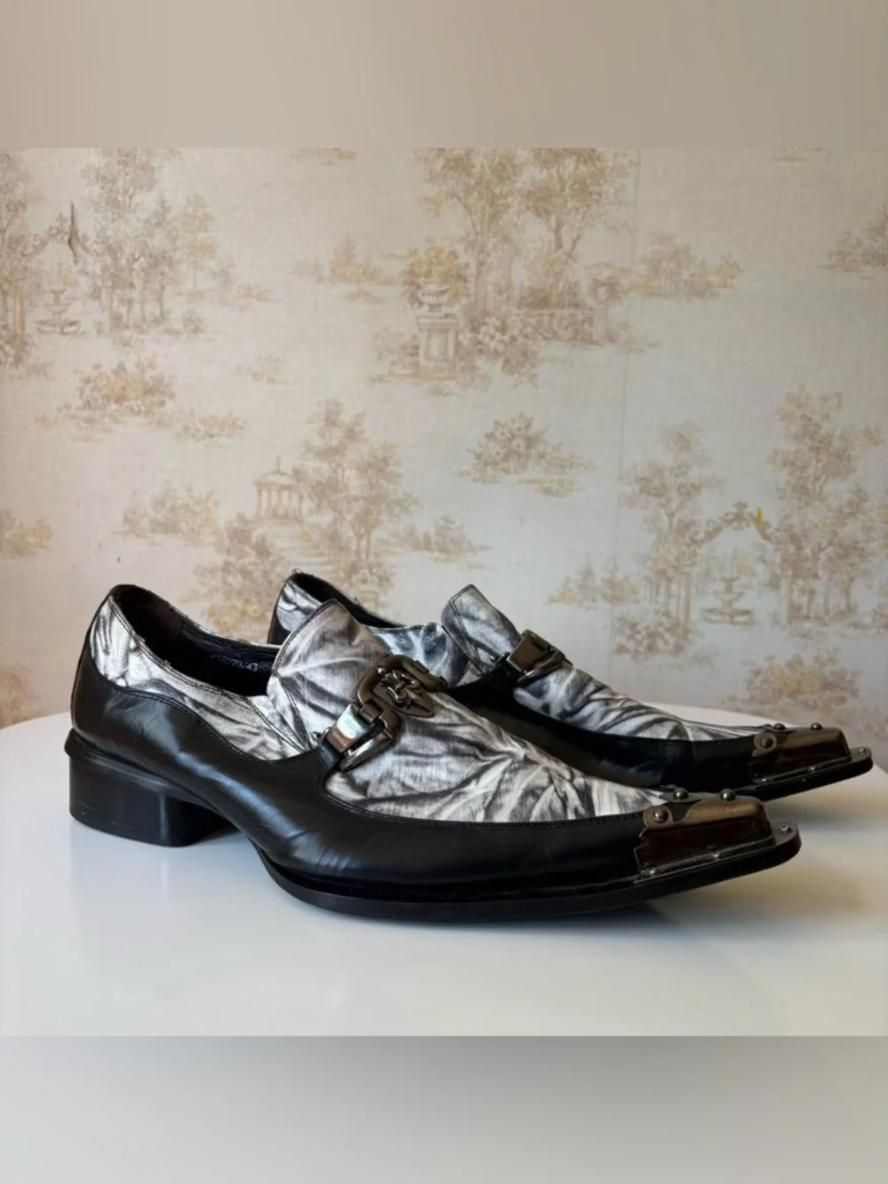 Fiesso by Aurelio Garcia Y2K Black Goth Metal Toe Leather Loafer Shoes 43